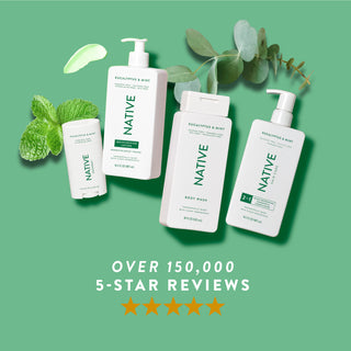 Native Eucalyptus & Mint product collection with text reading “Over 150,000, 5-star reviews” and five yellow stars