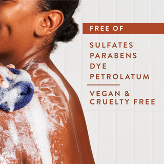 Person lathering in shower with text reading “Free of sulfates, parabens, dye, petrolatum, vegan & cruelty free”