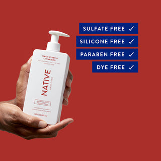 Hand holding Native Warm Cider & Cinnamon Moisturizing Conditioner with text "Sulfate free, silicone free, paraben free, dye free"