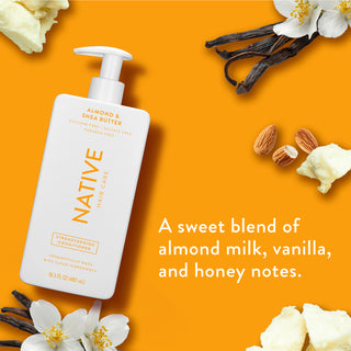 Native Strengthening Conditioner with text “A sweet blend of almond milk, vanilla, and honey notes"