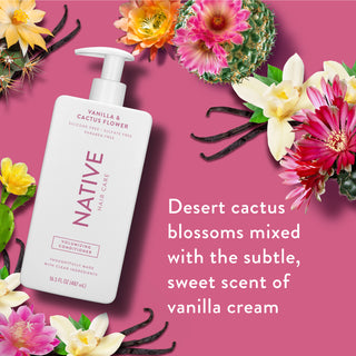 Native Volumizing Conditioner with text “Desert cactus blossoms mixed with the subtle, sweet scent of vanilla cream”