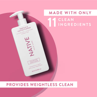 Native Vanilla & Cactus Flower Volumizing Conditioner with text reading “Made with only 11 clean ingredients” and “Locks in moisture”