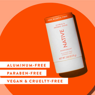 Native deodorant with text saying "Aluminum-free, paraben-free, vegan & cruelty-free"