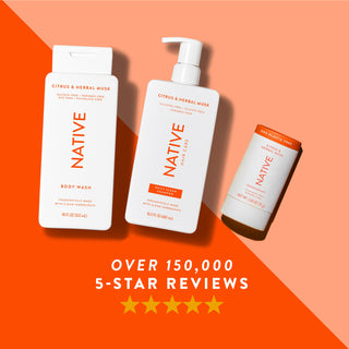 Native body wash, shampoo, and plastic-free deodorant in Citrus & Herbal Musk scent shown with five-star rating