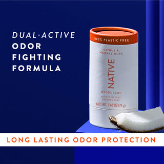 Native Citrus & Herbal Musk Deodorant sitting on counter with text promoting "Dual-active, odor fighting formula"