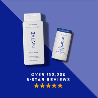 Native body wash, and unscented plastic-free deodorant shown with five-star rating