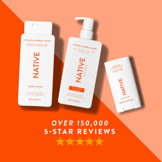 Native body wash, shampoo, and deodorant in Citrus & Herbal Musk scent shown with five-star rating