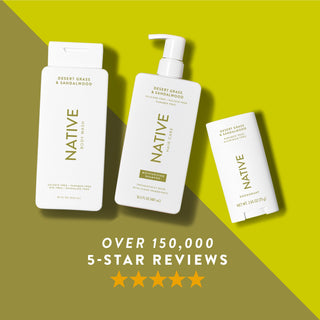 Native body wash, shampoo, and deodorant in Desert Grass & Sandalwood scent shown with five-star rating