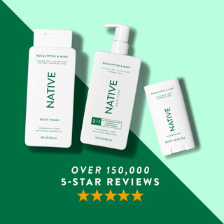 Native body wash, shampoo, and deodorant in Eucalyptus & Mint scent shown with five-star rating