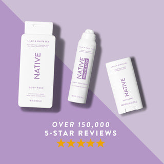 Native body wash, whole body, and deodorant in Lilac & White Tea scent shown with five-star rating