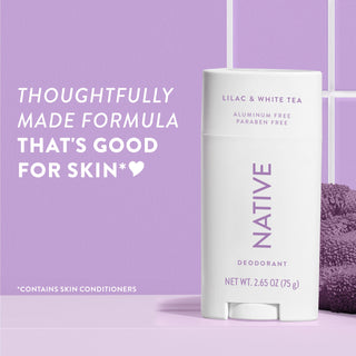 Upright Native deodorant with Lilac & White Tea label and overlay promoting skin-friendly formula
