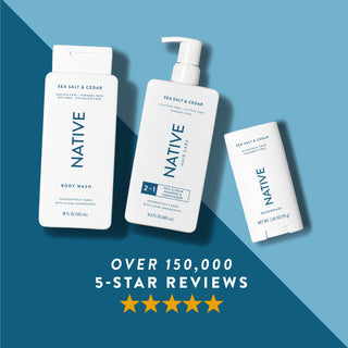Native body wash, shampoo, and deodorant in Sea Salt & Cedar scent shown with five-star rating