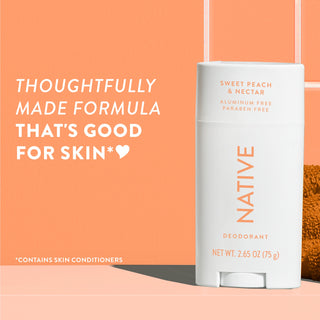 Upright Native deodorant with Sweet Peach & Nectar label and overlay promoting skin-friendly formula