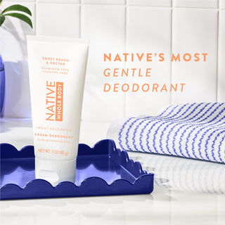 Native Sweet Peach & Nectar Whole Body cream deodorant with text reading "Native's most gentle deodorant"