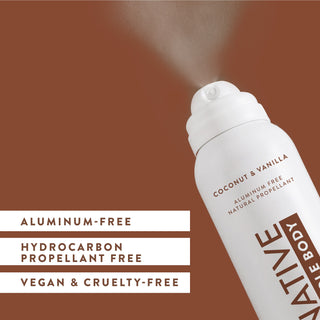 Angled view of Native Whole Body Deodorant in Coconut & Vanilla scent spraying, labeled aluminum-free and paraben-free