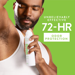 Man applying Native Cucumber & Mint Whole Body Deodorant spray underarm with 72-hour odor protection text overlay