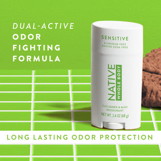 Native Cucumber & Mint Whole Body Deodorant Stick with dual-active odor fighting formula text overlay