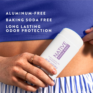 Native Lilac & White Tea Whole Body Deodorant Stick with aluminum-free, baking soda free, and long lasting odor protection text overlay