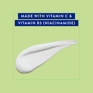 Cream swatch on green background with text: Made with Vitamin C and Vitamin B3 (Niacinamide)