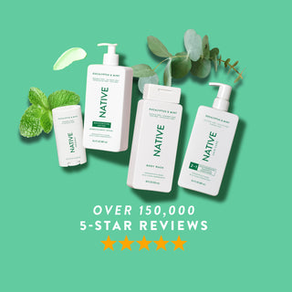 Native Eucalyptus & Mint products arranged with eucalyptus and mint leaves, promoting “Over 150,000, 5-Star Reviews”