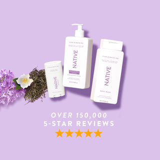Native Lilac & White Tea products arranged with Lilacs and white tea sticks, promoting “Over 150,000, 5-Star Reviews”