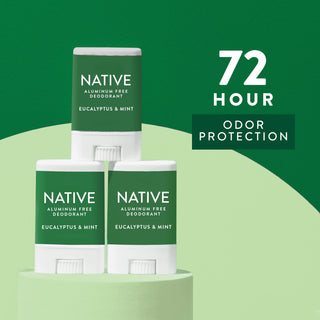 Arrangement of three Native Eucalyptus & Mint Deodorant stick next to "72 Hour odor protection"