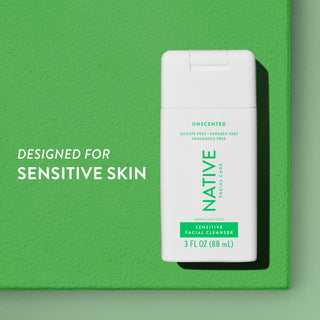 Native Unscented Sensitive Facial Cleanser next to "Designed for SENSITIVE SKIN" text