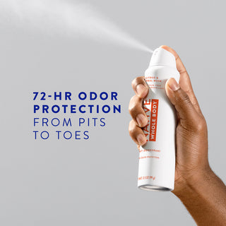 Hand holding Native Whole Body Deodorant in Citrus & Herbal Musk scent spraying with text reading "72-HR Odor protection from pits to toes"