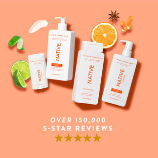 Native Citrus & Herbal Musk product collection with text reading “Over 150,000, 5-star reviews” and five yellow stars