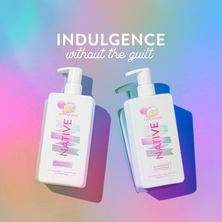Native Piece of Cake Moisturizing Shampoo & Moisturizing Conditioner with text reading "Indulgence without the guilt"