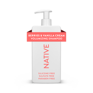 Native Berries & Vanilla Cream Volumizing Shampoo bottle with text reading “Silicone Free, Sulfate Free, Paraben Free”