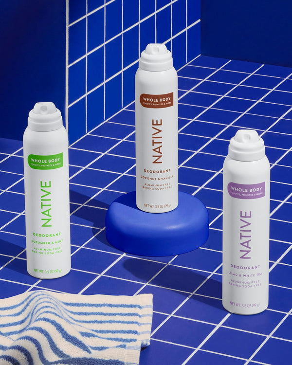Three bottles of Native whole body deodorant products displayed