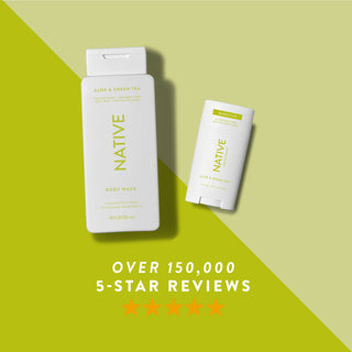 Native body wash, and sensitive deodorant in Aloe & Green Tea scent shown with five-star rating