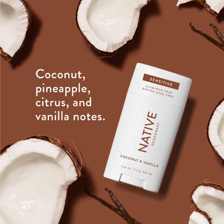 Native sensitive deodorant with text saying "Coconut, pineapple, citrus, and vanilla notes", styled with coconuts and vanilla sticks