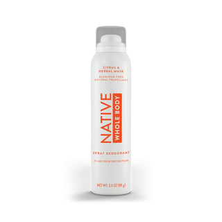 Front view of Native Citrus & Herbal Musk Whole Body Deodorant Spray canister, labeled aluminum-free and paraben-free