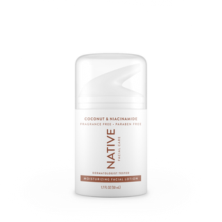 Native Moisturizing Facial Moisturizer with Coconut & Niacinamide, fragrance free and paraben free, white bottle with pump