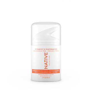 Native Brightening Facial Moisturizer with Vitamin C & Niacinamide, fragrance free and paraben free, white bottle with pump