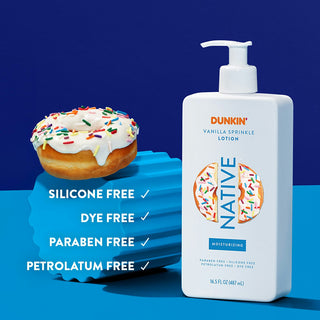 Native Dunkin - Vanilla Sprinkle Moisturizing Lotion next to text "Silicone free, dye free, paraben free, petrolatum free"