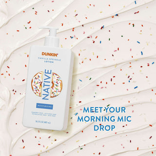 Native Dunkin - Vanilla Sprinkle Moisturizing Lotion with text "Meet your morning mic drop"