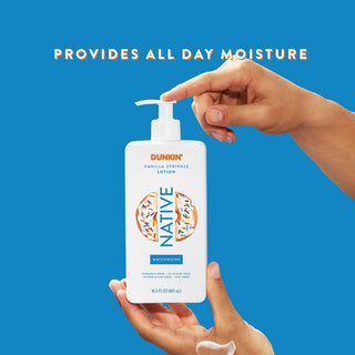 Hand Pumping Native Dunkin - Vanilla Sprinkle Moisturizing Lotion bottle with text Provides all day moisture