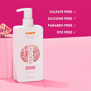 Native Dunkin - Strawberry Frosted Moisturizing Shampoo with text reading "Sulfate free, silicone free, paraben free, dye free"