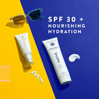 Several Native Mineral Suncare tubes arranged on a bright yellow and blue surface, labeled suitable for sensitive skin