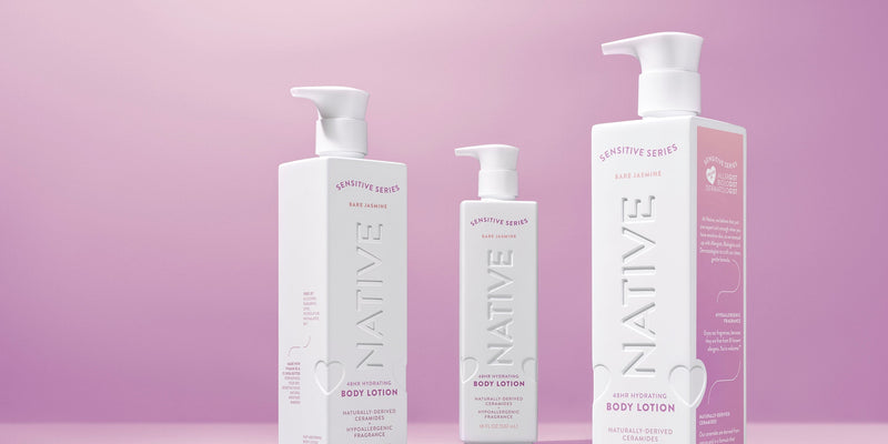 Three bottles of Native Sensitive Series Bare Jasmine Hydrating Body Lotion, showcasing options for hypoallergenic fragrance, ideal for sensitive skin