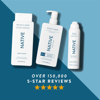 Native body wash, shampoo, and deodorant spray in Sea Salt & Cedar scent shown with five-star rating