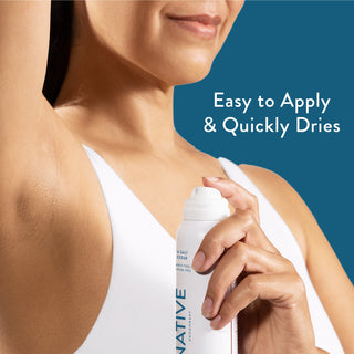 Person applying Native deodorant under arm with text reading Easy to apply & quickly dries