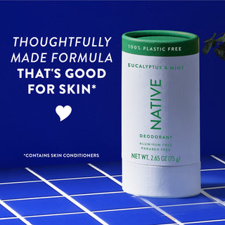 Upright Native deodorant with Eucalyptus & Mint label and overlay promoting skin-friendly formula