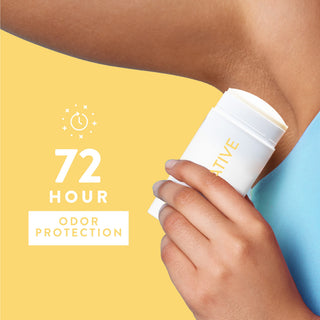 Person applying Native deodorant under arm with text reading 72-hour odor protection