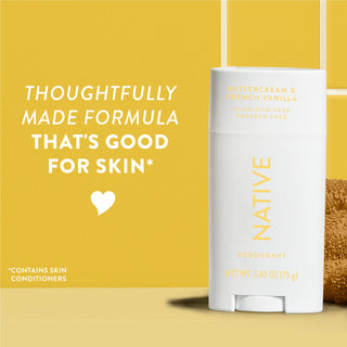 Upright Native deodorant with Buttercream & French Vanilla label and overlay promoting skin-friendly formula