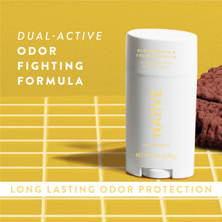 Native Buttercream & French Vanilla Deodorant sitting on counter with text promoting "Dual-active, odor fighting formula"