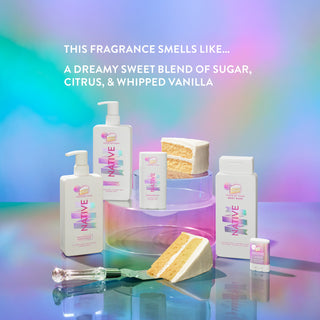 Native conditioner, shampoo, sensitive deodorant, and body wash in Piece of Cake scent